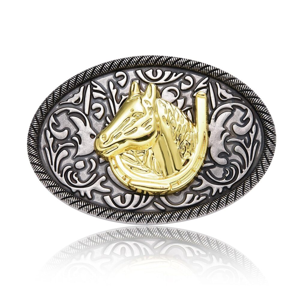 7205 Engraved Animal Equestrian Horseshoe Gold Horse Head Oval Cowboy Belt